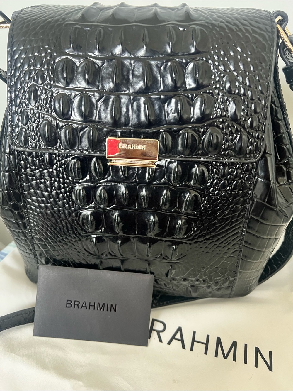 Brahmin Black Croc-Embossed Leather Crossbody with Gold Hardware